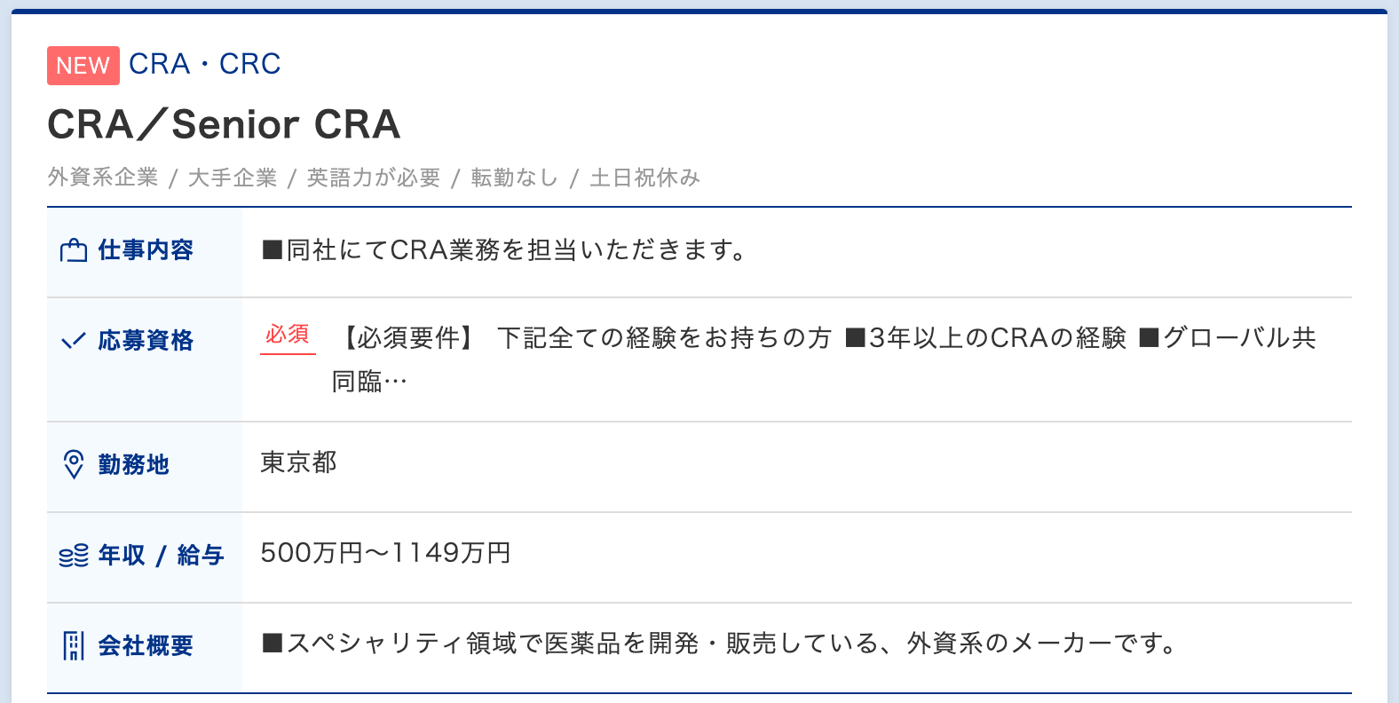 外資系製薬会社CRA求人