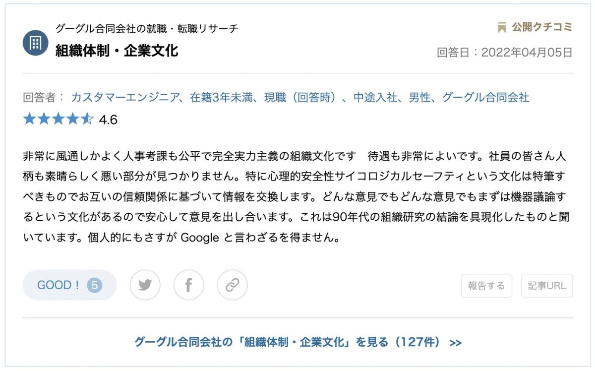 openworkに掲載されている口コミの例（Google）